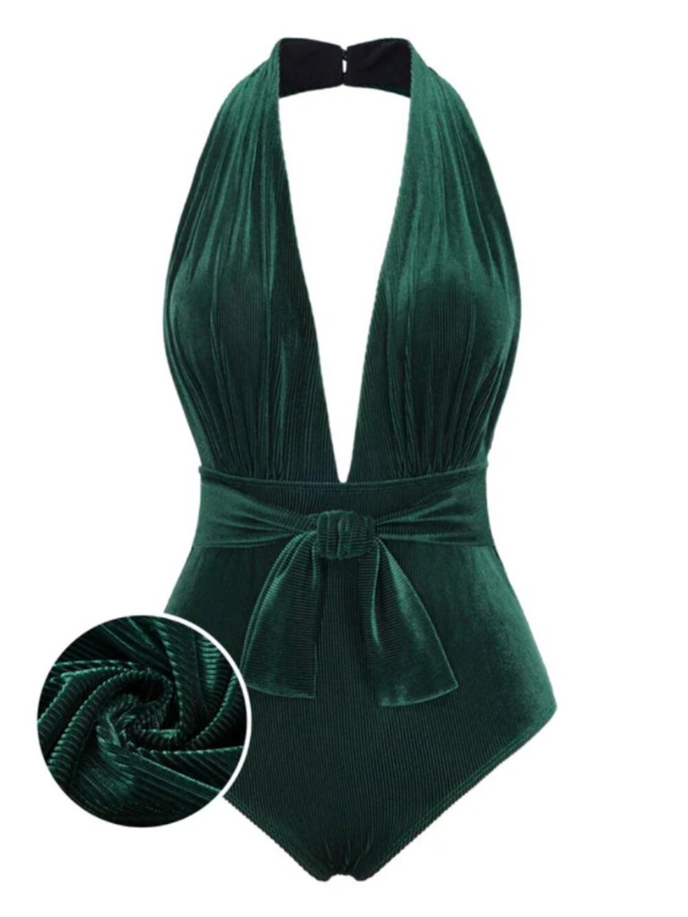 Velvet Dark Green Halter Swimsuit Retro